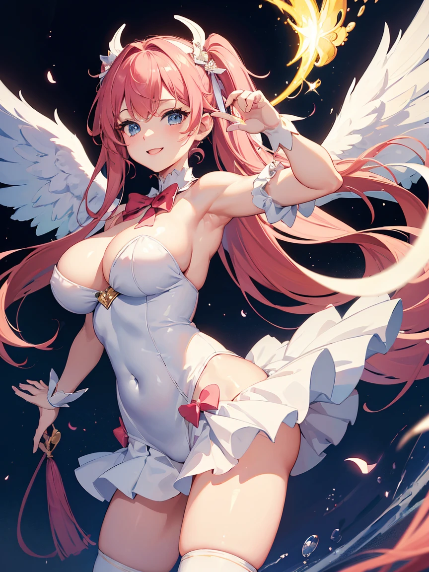 ((Masterpiece)),(Best Quality),(Highest resolution),(8K),(Clean lines),(Perfect Face,Perfect meat),(Official Art),(Magical girl),, 8-year-old, Cute white outfit, ribbon, huge breasts, Big angel wings, Night Sky, smile