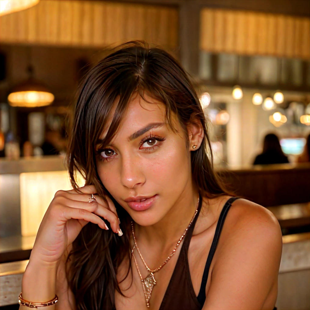 (Jewellry), very warm colors, tan skin, beautiful brunette, (high detailed face), (high detailed skin texture), (high detailed hair), (high detailed eyes), brown eyes, (long straigh dark hair), 1 girl, 20 years old, brown skin, face thin nose, photography, ultra-realistic, 8k, ((very sexy outfit)) , perfect teeth, fit girl, bottom-up view, shiny hair, ((perfect hands)), take a drink, in restaurant