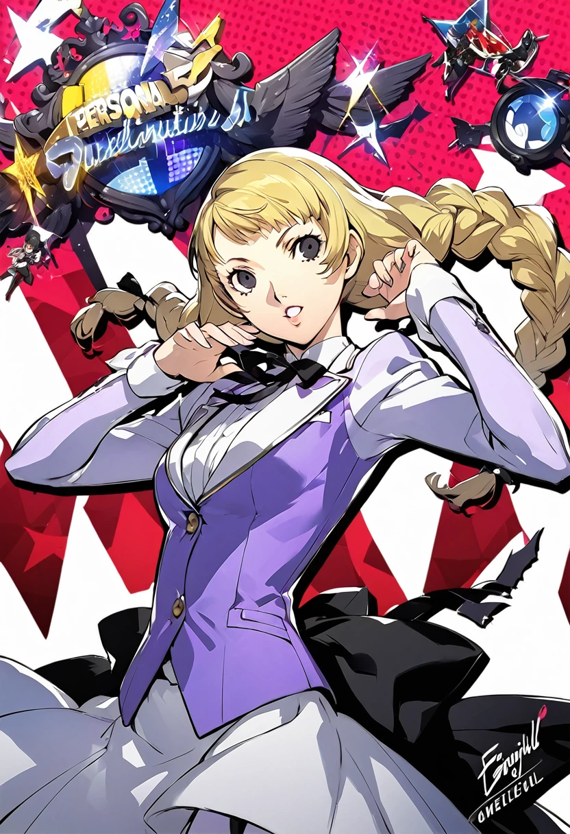 eautiful girl, long braids, light blonde hair, black eyes, teen, Persona5 character, Taiga Asaki ,masterpiece, meilleure qualité, pose dynamic, pretty, lavender color, side bangs, idol, character concept art, angelic,