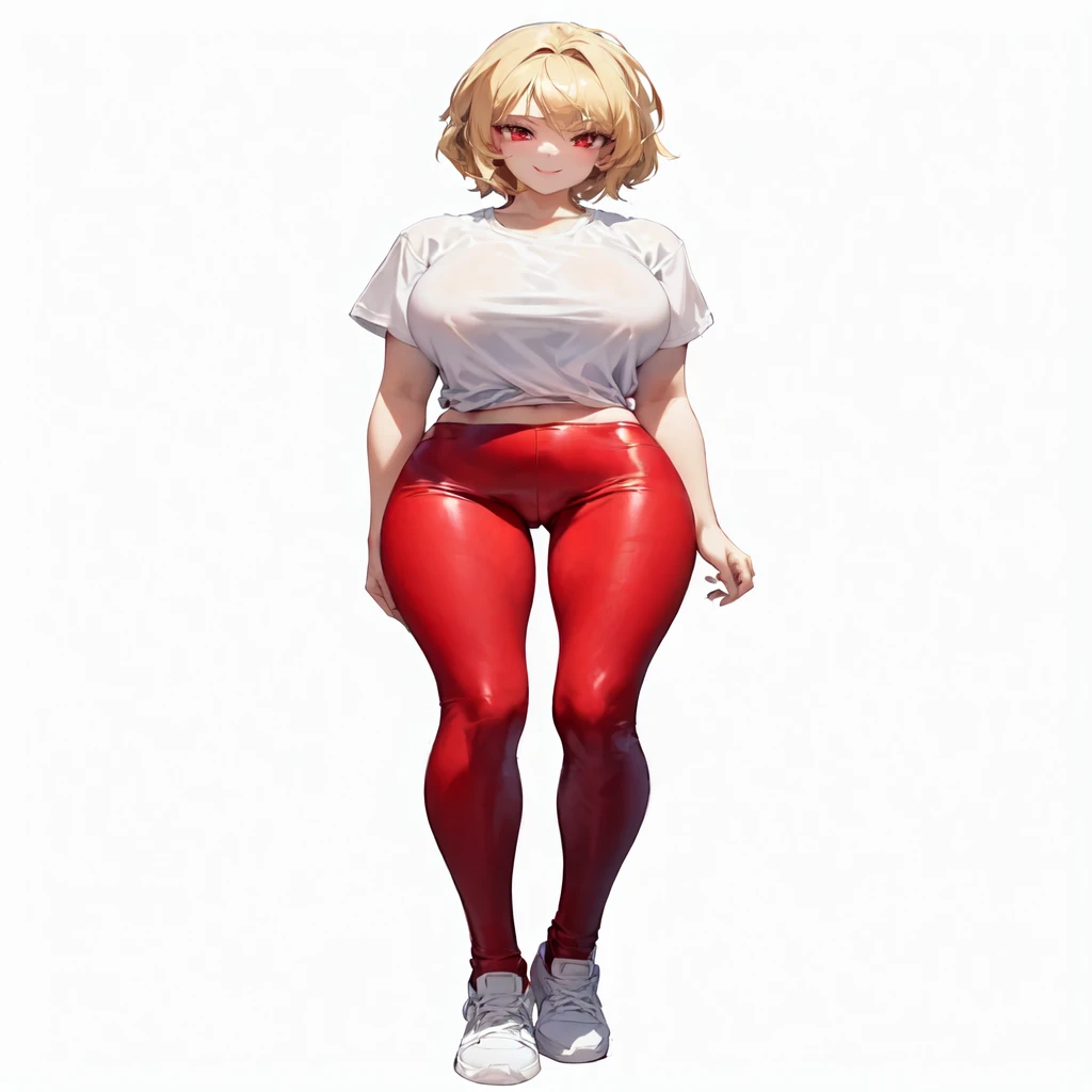 high quality 4k, maximum image sharpness. name zoe. 20 year old ager, beautiful angelic face. Red eyes. White skin color. height 1,70, retail physicist, large and firm breasts, Short blonde hair. Clothes, T-shirt at the height of the abdomen. tight red pants. body detail, straight and firm posture looking towards the camera, with a cute tender smile