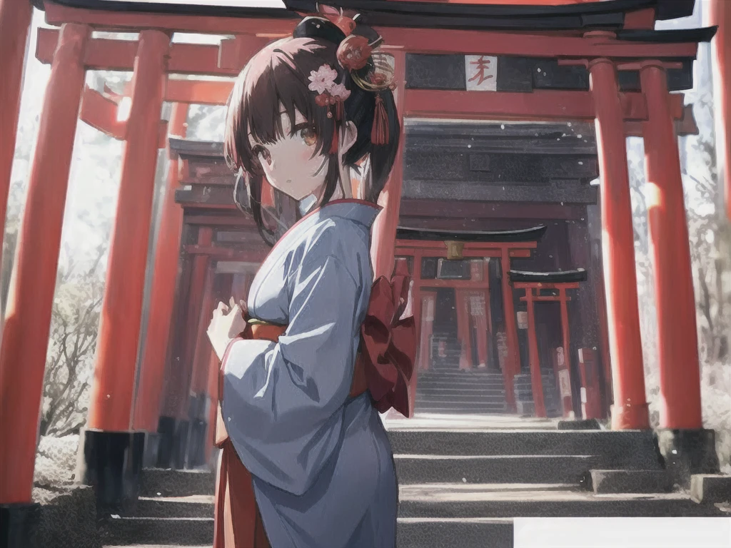 Anime girl in kimono standing in front of a red torii gate, Light blue、Beautiful girl with twin tails、By Torii Kiyomasu, Torii Qing Yuan Works, Hungry Ghost Festival, By Torii Kiyomasu II, Kyoto Animation Style, 