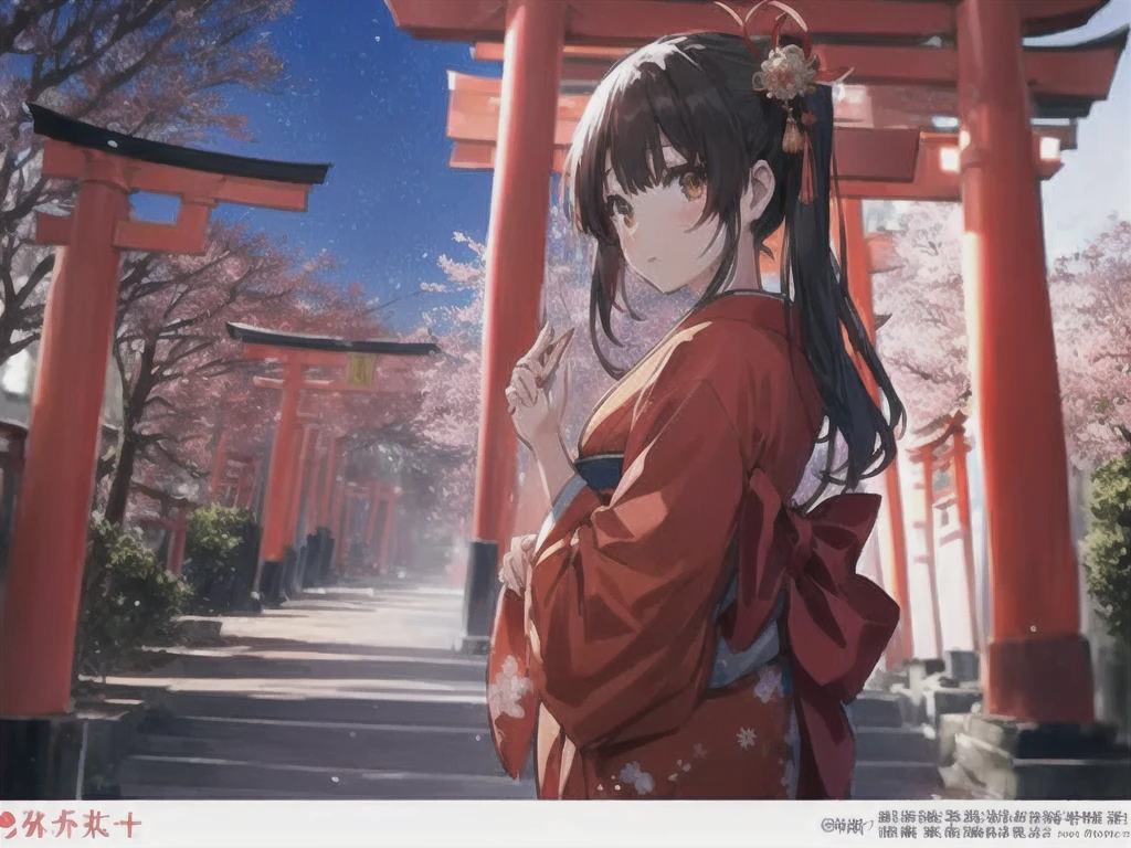 Anime girl in kimono standing in front of a red torii gate, Light blue、Beautiful girl with twin tails、By Torii Kiyomasu, Torii Qing Yuan Works, Hungry Ghost Festival, By Torii Kiyomasu II, Kyoto Animation Style,