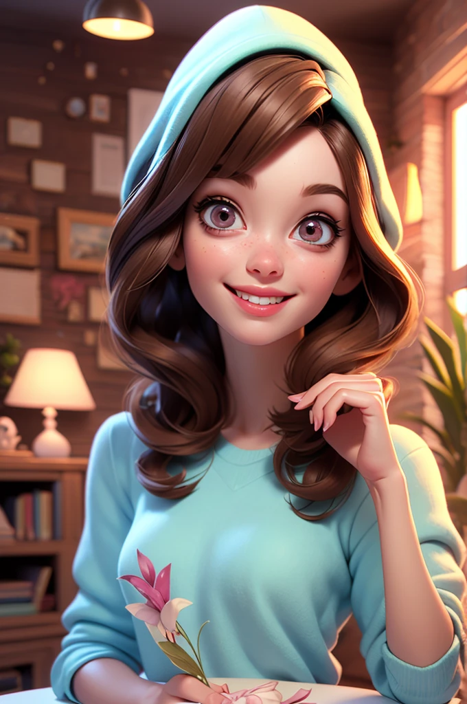 best quality, 4k, 8k, highres, masterpiece:1.2), ultra-detailed, (realistic, photorealistic, photo-realistic:1.37), cartoon, girl, brown hair, cute smile, in her house, 3d rendering, beautiful detailed eyes, beautiful detailed lips, extremely detailed eyes and face, colourful, soft lighting, house.