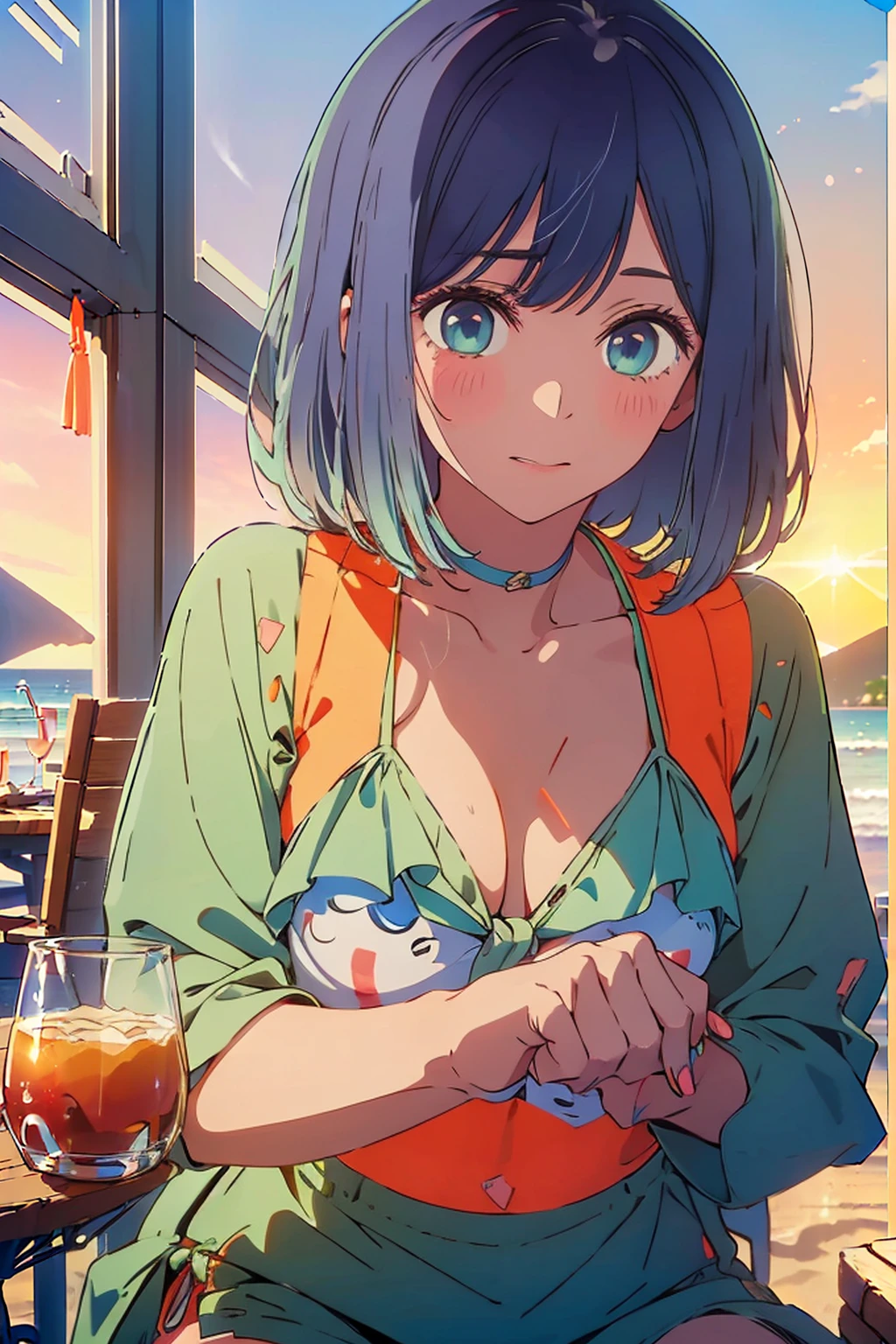 (Highest quality:1.4、masterpiece:1.4、Super detailed:1.4、8K:1.4)、Slim body、((((1 person、Surprised expression、sit、Outdoor café terrace、coastal、juice、table、Sandy Beach、bikini、juiceのグラスを持つ、Big eyes、Shallow depth of field、Very cute face))))、((((bikiniから大きい乳輪がはみでる))))、(((sunset、Sunset)))、(((bikiniサイズは小さい)))、F cup bust、Big Breasts、Get up close and take a photo