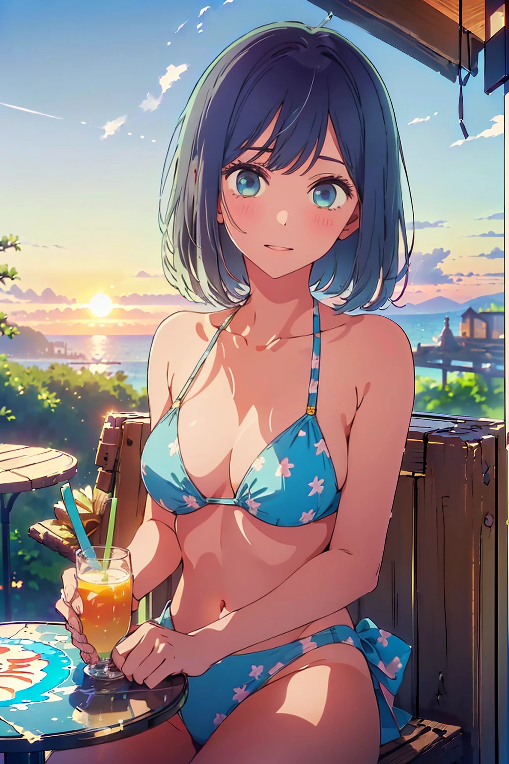 (Highest quality:1.4、masterpiece:1.4、Super detailed:1.4、8K:1.4)、Slim body、((((1 person、Surprised expression、sit、Outdoor café terrace、coastal、juice、table、Sandy Beach、bikini、juiceのグラスを持つ、Big eyes、Shallow depth of field、Very cute face))))、((((bikiniから大きい乳輪がはみでる))))、(((sunset、Sunset)))、(((bikiniサイズは小さい)))、F cup bust、Big Breasts、Get up close and take a photo