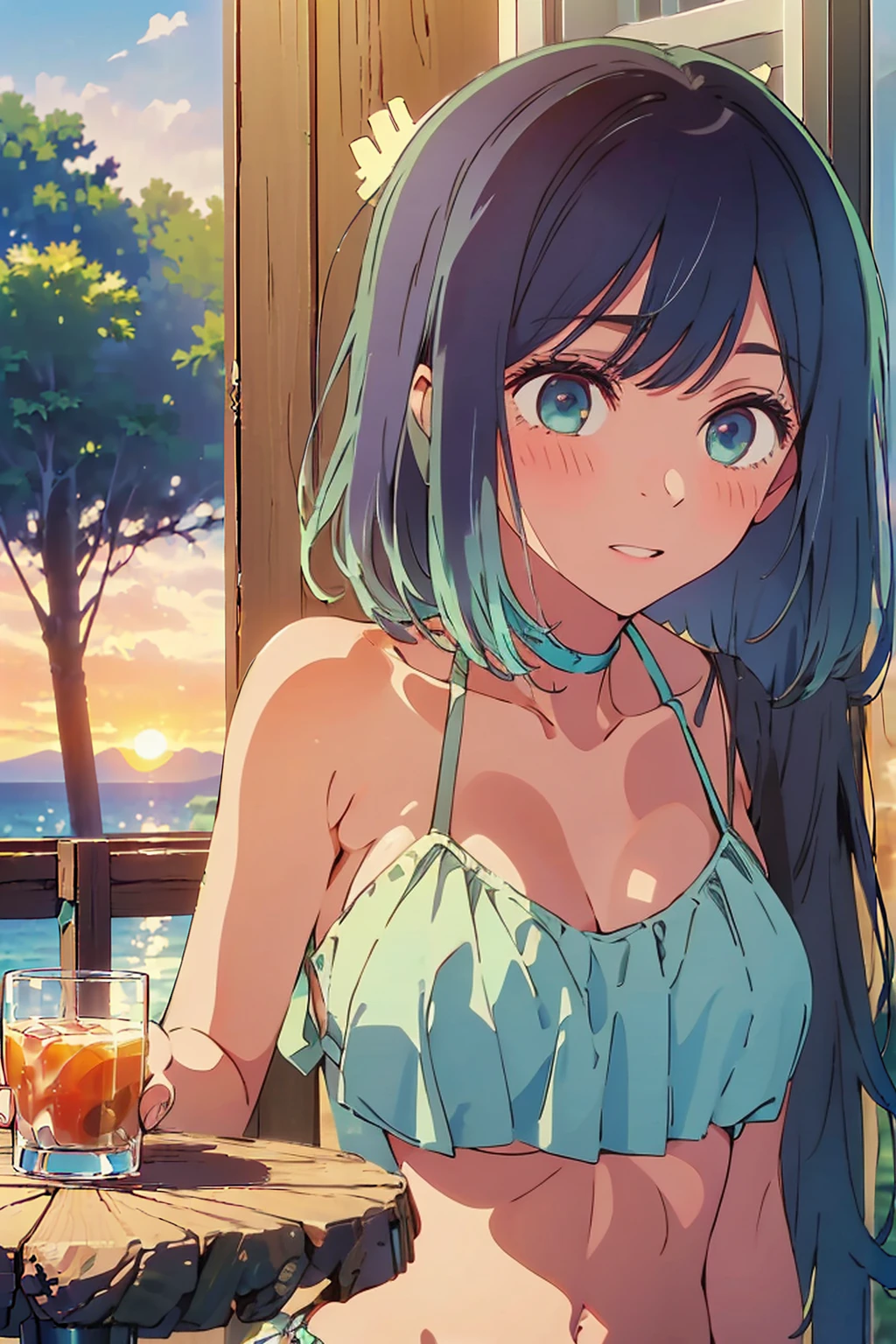 (Highest quality:1.4、masterpiece:1.4、Super detailed:1.4、8K:1.4)、Slim body、((((1 person、Surprised expression、sit、Outdoor café terrace、coastal、juice、table、Sandy Beach、bikini、juiceのグラスを持つ、Big eyes、Shallow depth of field、Very cute face))))、((((bikiniから大きい乳輪がはみでる))))、(((sunset、Sunset)))、(((bikiniサイズは小さい)))、F cup bust、Big Breasts、Get up close and take a photo