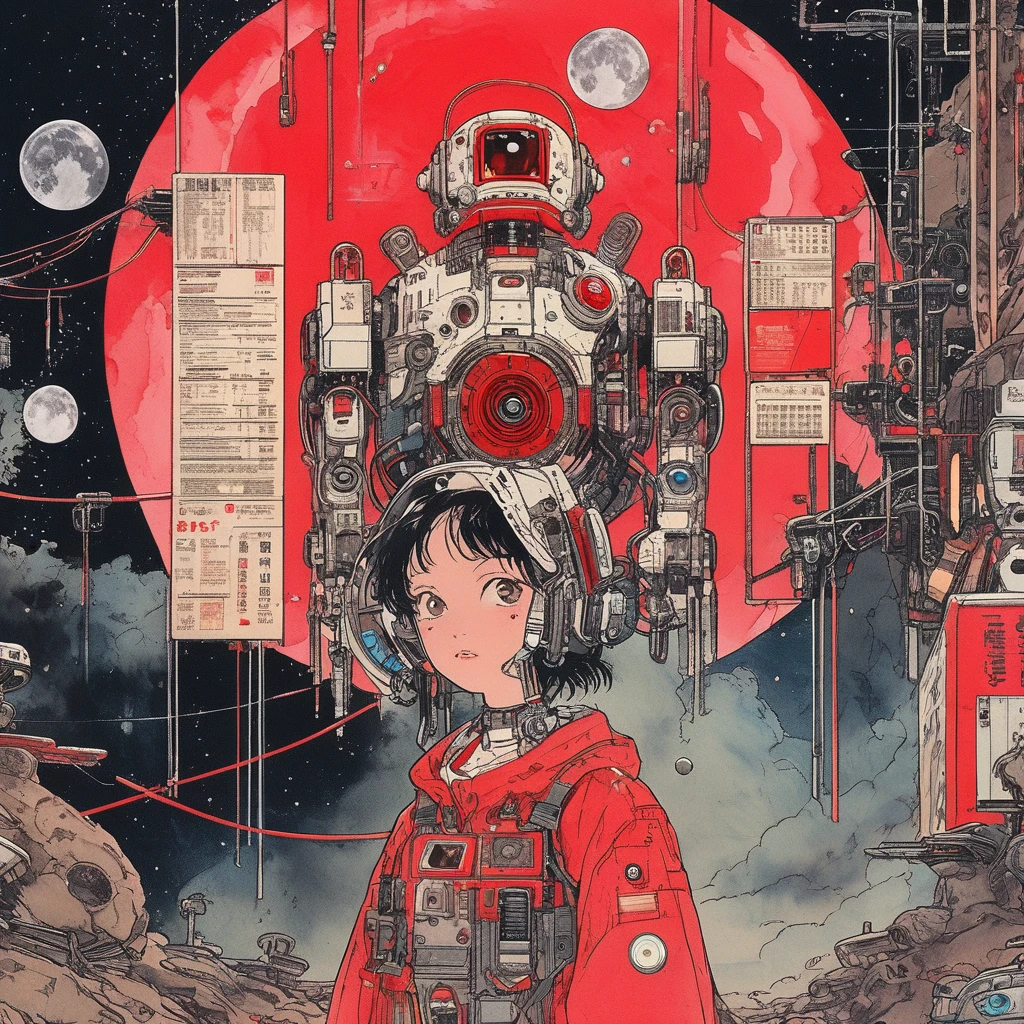 On the Moon, The main color is red, Holding_arms, no_human, Lower_Eyes, Droid, Milky Way Galaxy Background,neon,cyber punk, Highest quality, Pieces fly, Confused, Monochrome, Game CG,