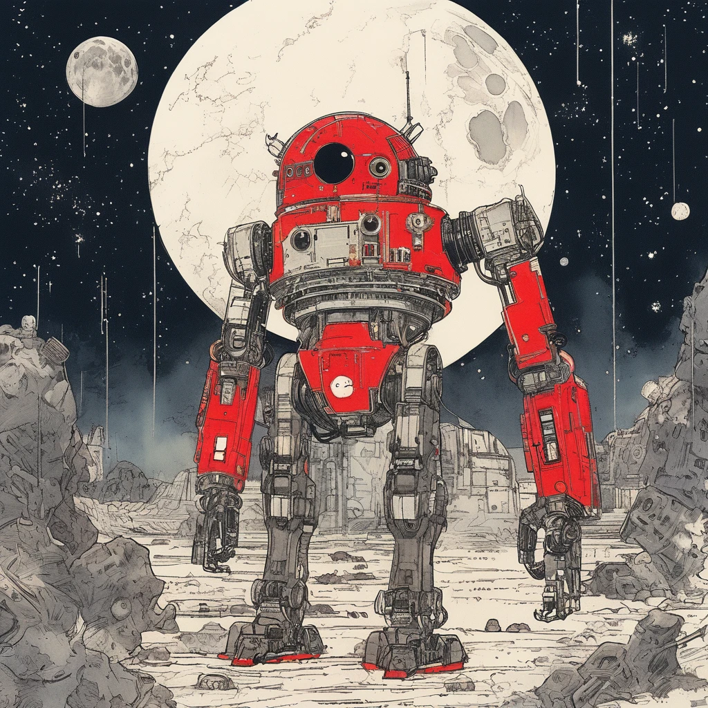 On the Moon, The main color is red, Holding_arms, no_human, Lower_Eyes, Droid, Milky Way Galaxy Background,neon,cyber punk, Highest quality, Pieces fly, Confused, Monochrome, Game CG,