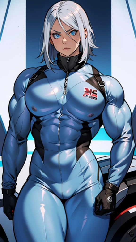 (((Muscle girl))), (((massive))), Silver hair, bodysuit, blue eyes, spy