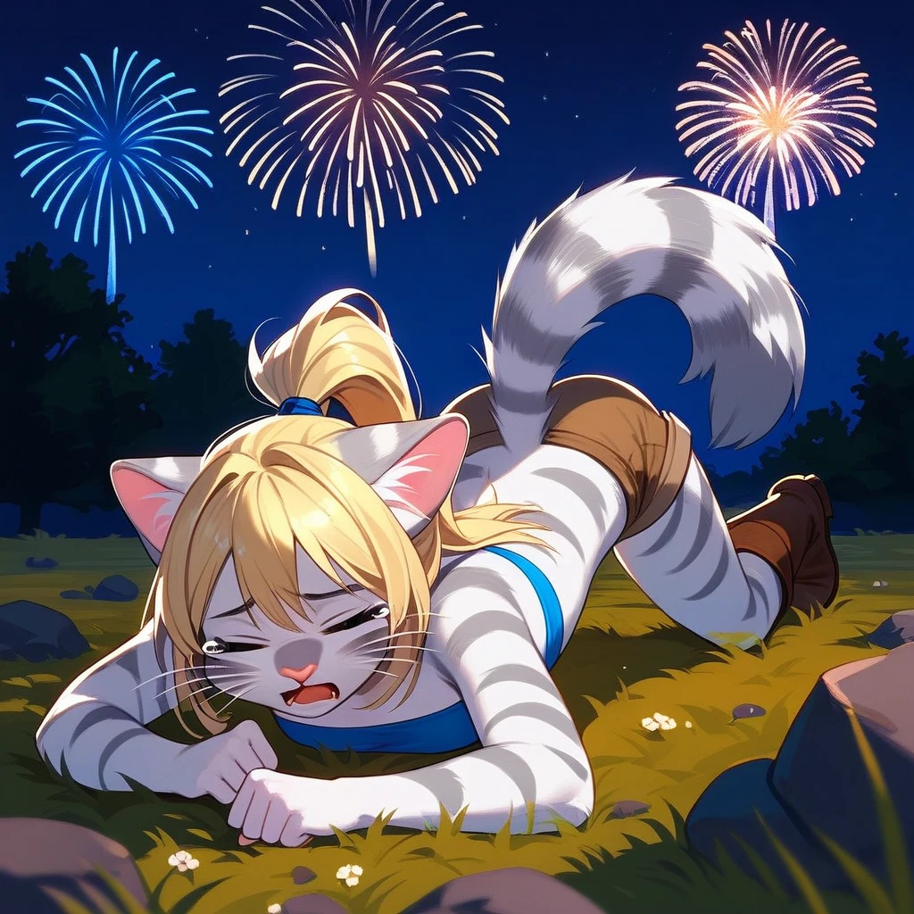 Solo, score_9,score_8_up,score_7_up, source_furry, kat, Anthro furry feline, blonde hair, (ponytail hair), pink nose, :3, white whiskers, silver fur, grey stripes, furry body, wearing blue bandeau, brown short shorts, brown boots, on her knees, face down ass up, on the ground, hands on her head, covering her ears, cowering, scared, hiding behind a rock, on a grassy field, outdoors at night, fireworks in the background, screaming, tearing up, closed eyes