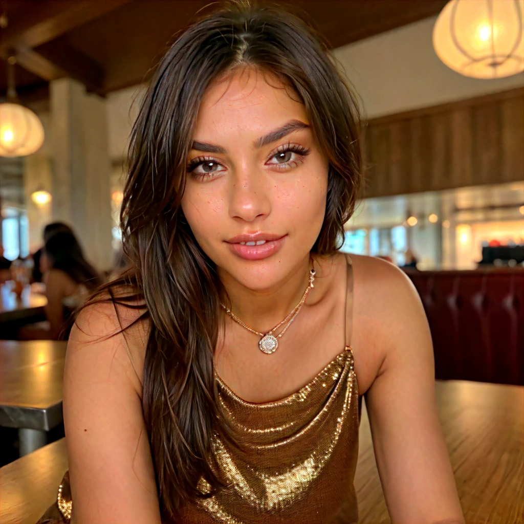(Jewellry), very warm colors, tan skin, beautiful brunette, (high detailed face), (high detailed skin texture), (high detailed hair), (high detailed eyes), brown eyes, (long straigh dark hair), 1 girl, 20 years old, brown skin, face thin nose, photography, ultra-realistic, 8k, ((very sexy outfit)) , perfect teeth, fit girl, bottom-up view, shiny hair, ((perfect hands)), take a drink, in restaurant