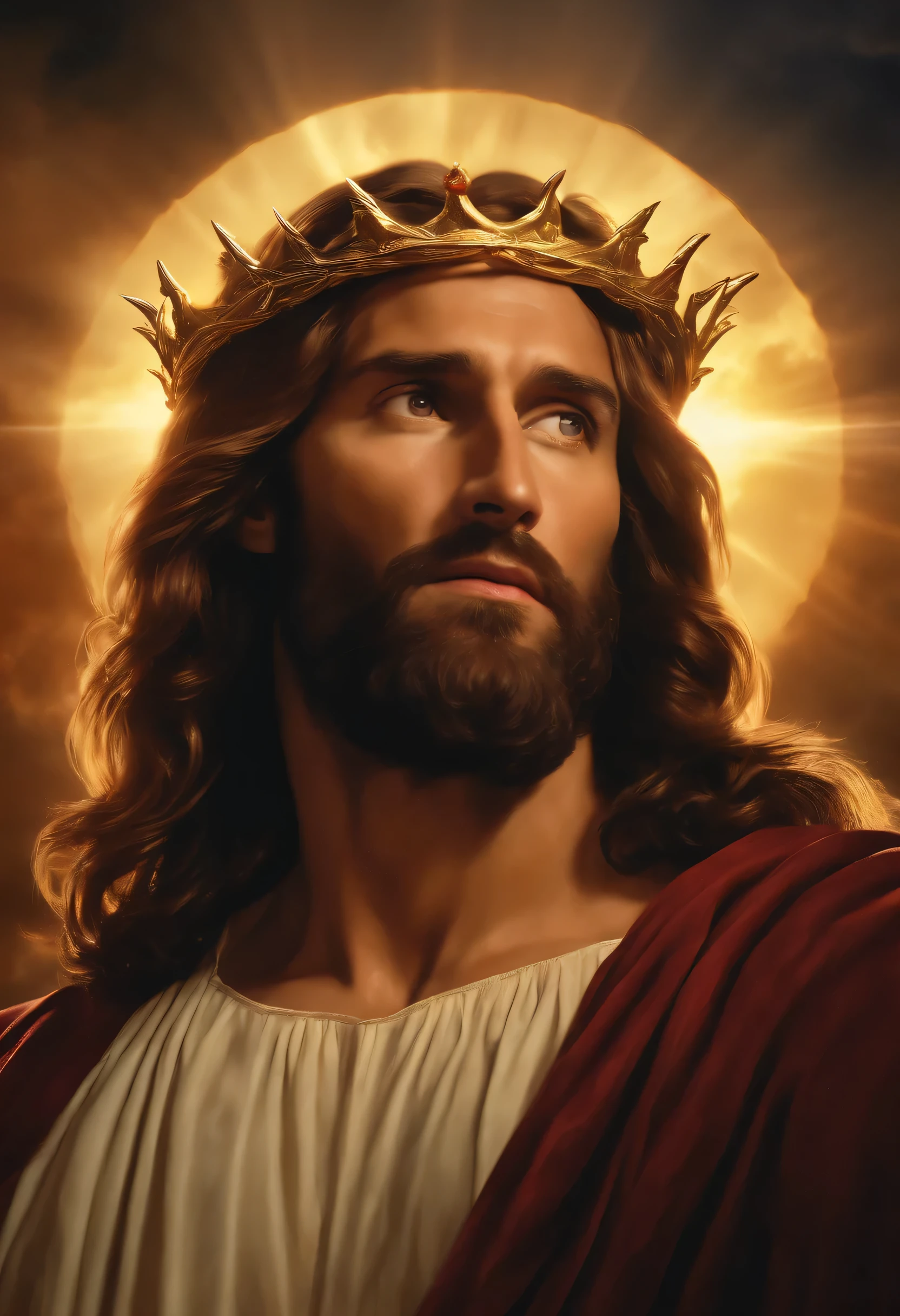 (Best Quality,4k,8k,high resolution,Masterpiece:1.2),ultra detailed,(realist,photorealist,photo-realist:1.37),Jesus Christ defeating satan,traditional oil painting,Satan portrayed as a powerful, menacing figure with red eyes and horns.,Details of Jesus' face with kind and compassionate eyes.,beautifully loose golden hair,vibrant colored robes,Glorious halo around the head of Jesus.,Dramatic lighting emphasizing the victory of good over evil.,majestic background showing a heavenly landscape with rays of divine light breaking through the clouds,Symbolic elements that represent the fight between darkness and light.,Surrounding angels with outstretched wings and serene expressions..