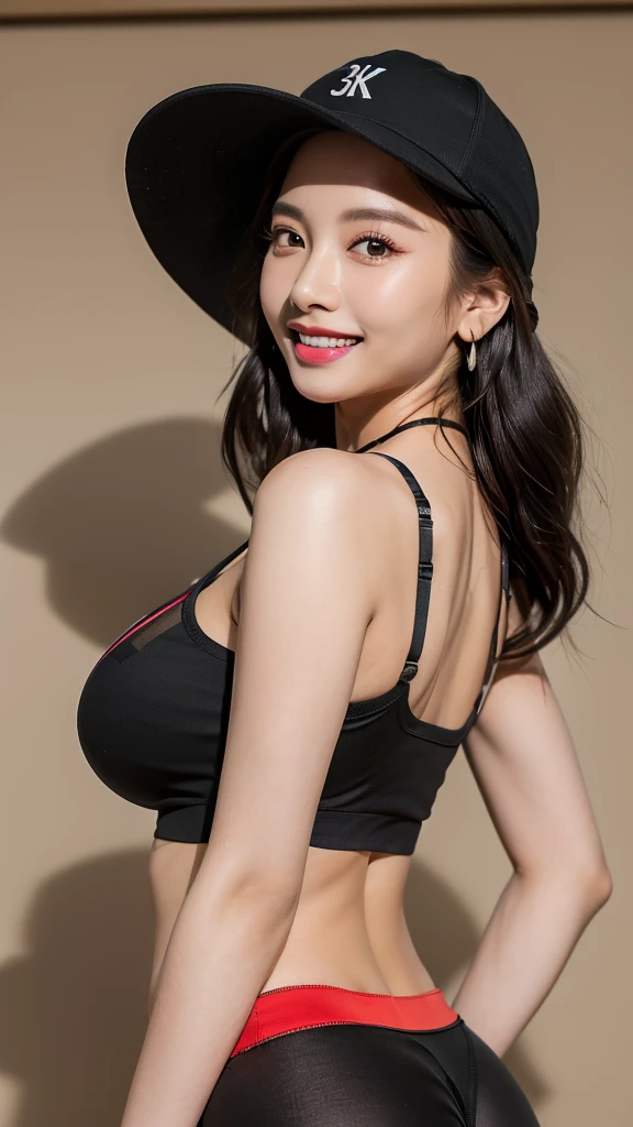 1 girl, national foundation, ((32k, raw, masterpiece: 1.5)), (Professional photography, sharp:1.2), Perfect dynamic composition, (Natural sun light), (soft shadow), (((skinny figure))), ((huge round breasts:1.5)), ((big booty))), (((((black long hair))))), Ultra-detailed faces and skin, perfect asian, White skin, (Delicate skin:1.4), (latex skin:0.4), (perfect glowing skin:0.6), light brown eyes, beautiful eyes, round eyes, pretty face, blush, glossy lips, (((plump lips))), glossy eyes, Perfectly proportioned face, Really moist skin, ((excited expression)), (((huge smile at the camera))), looking at camera, Elegant necklace, Elegant earrings, minimalist, (((red crop top bra tank top))), (((black yoga pant))), (((black baseball hat))), (side shot photo)