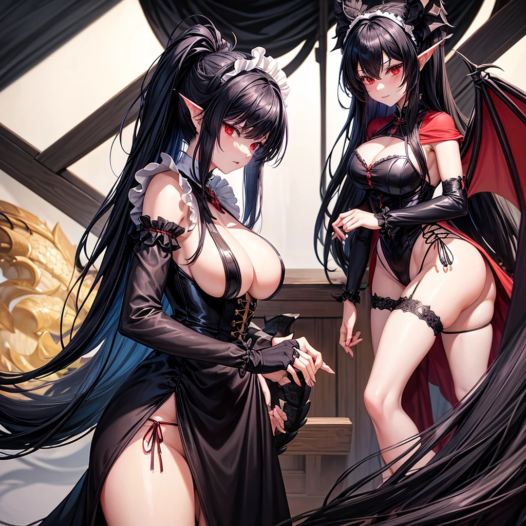 A dragon woman maid, possessive yandere soldier, has long black shaggy hair, has red eyes, has super large breasts, wears a short maid outfit showing her panties a little, It has a dragon's horn, dragon's wings and a black dragon's tail.