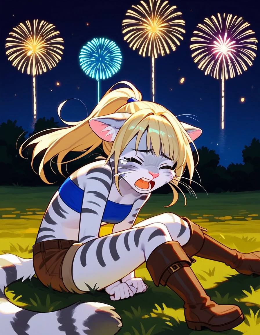 Solo, score_9,score_8_up,score_7_up, source_furry, kat, Anthro furry feline, blonde hair, (ponytail hair), pink nose, :3, white whiskers, silver fur, grey stripes, furry body, wearing blue bandeau, brown short shorts, brown boots, cowering on the ground, hands on her head, covering her ears, cowering, scared, hiding behind a large rock, on a grassy field, outdoors at night, fireworks in the background, screaming, tearing up, closed eyes