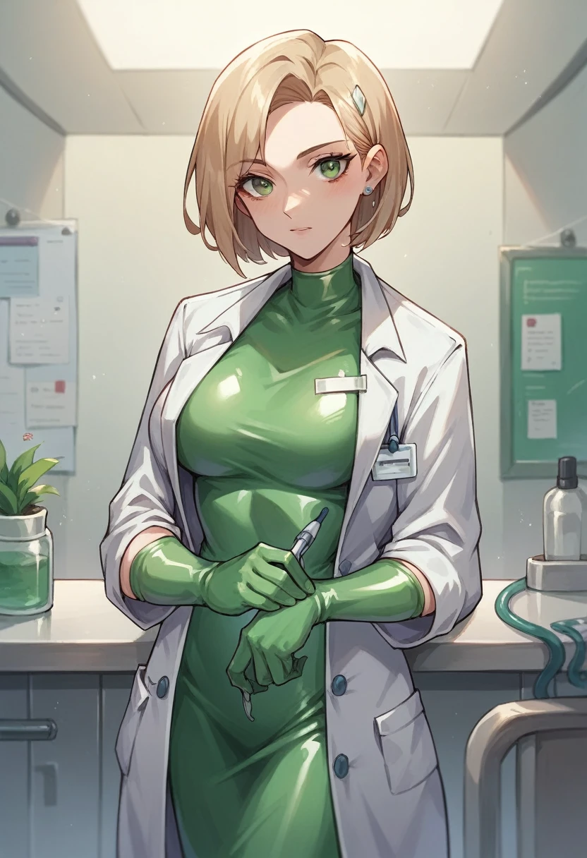 1girl, light hair, ((brown elbow gloves)), ((surgical gloves)), ((latex gloves)), ((long sleeves)) ((green surgeon outfit)), looking at viewer, ((doctor)), standing, solo
