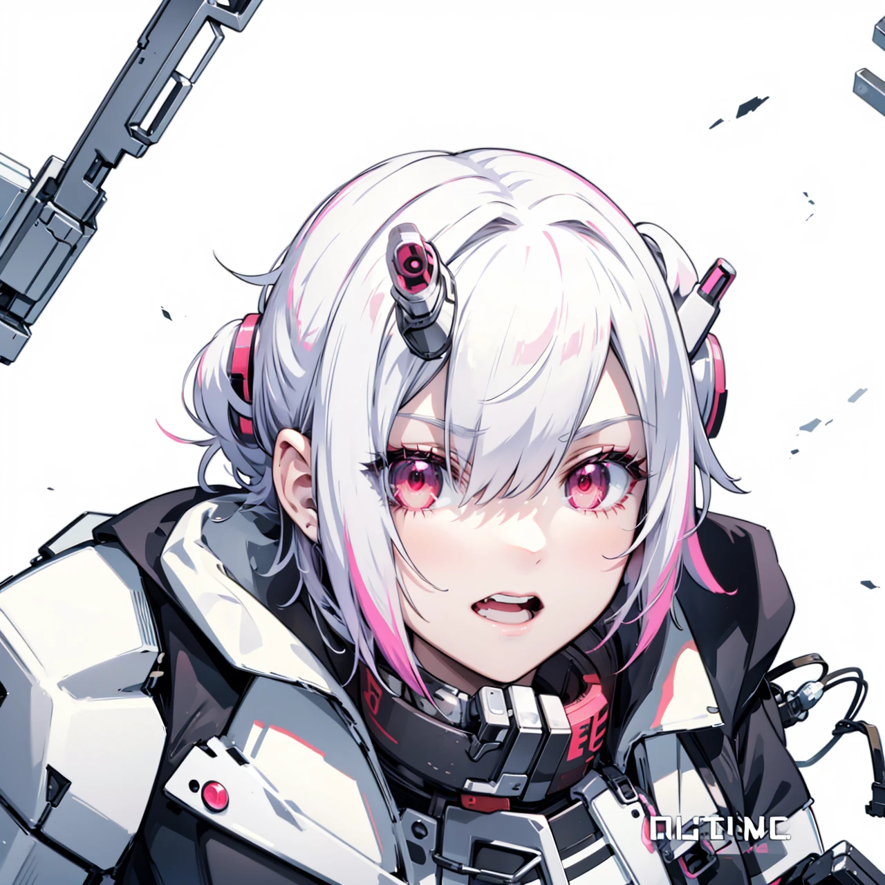 cyberpunk,white chin length hair,hair with magenta tips,red eyes,cyborg eyes,metalic parts,metal arms,strong and muscular,female,anime,mechanic 