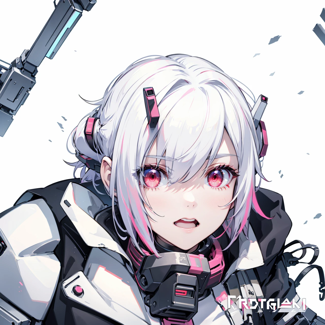 cyberpunk,white chin length hair,hair with magenta tips,red eyes,cyborg eyes,metalic parts,metal arms,strong and muscular,female,anime,mechanic 