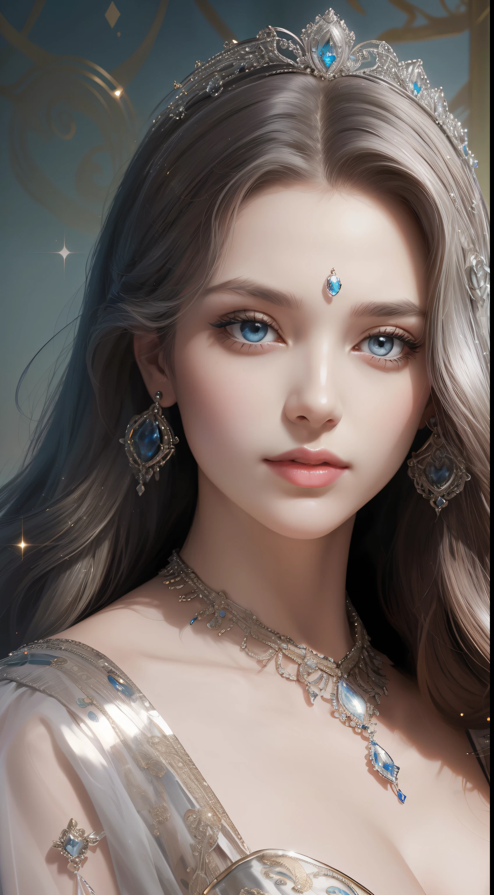 tmasterpiece，Highest image quality，Beautiful bust of a royal lady，Delicate silver hairstyle，The golden eyes are clear，Embellished with a dazzling array of intricate jewelry，super detailing，upscaled。