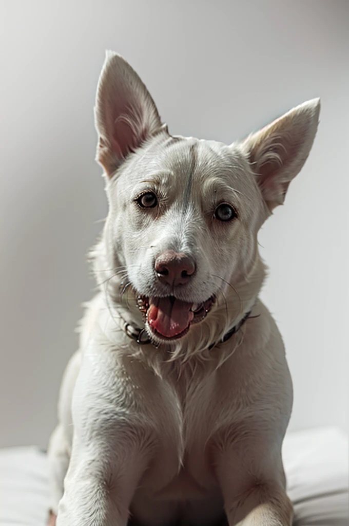 HAPPY DOG WITH WHITE TONGUE, WHITE DOG, FOR THE BEAUTIFUL, 4 k image, DESIGNER, DOG SITTING, I NEED TO SEE THE SIDE OF THE DOG, all-white background, White background