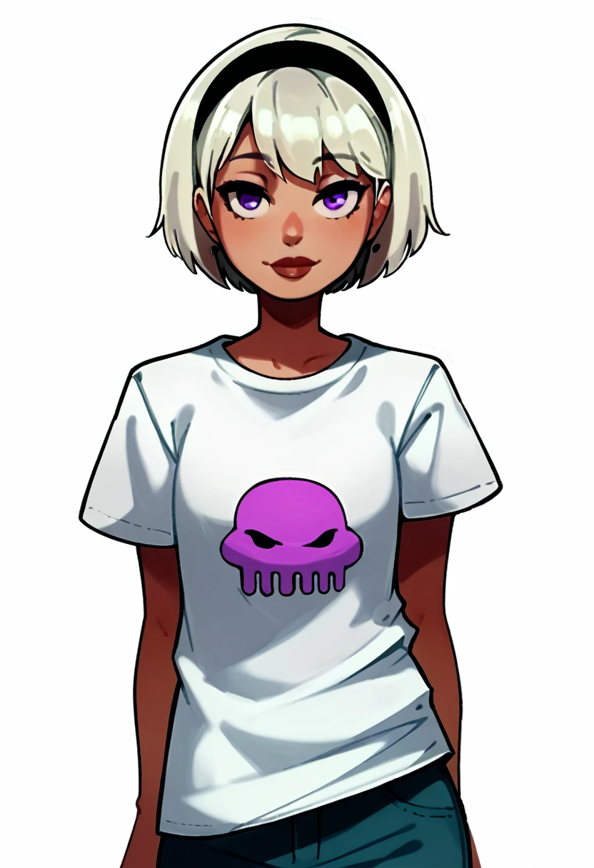 score_9, score_8_up, score_7_up, score_6_up, score_5_up, score_4_up, simple artsyle, source_anime, 1girl, rolalstart, white shirt, t-shirt, shirt symbol, short hair, bob cut, platinum blonde hair, hairband, dark skin, purple eyes,