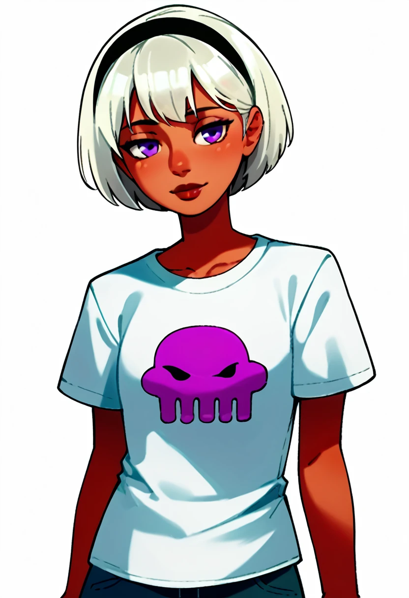 score_9, score_8_up, score_7_up, score_6_up, score_5_up, score_4_up, simple artsyle, source_anime, 1girl, rolalstart, white shirt, t-shirt, shirt symbol, short hair, bob cut, platinum blonde hair, hairband, dark skin, purple eyes,