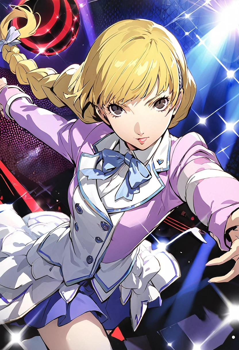 eautiful girl, long braids, light blonde hair, black eyes, teen, Persona5 character, Taiga Asaki ,masterpiece, meilleure qualité, pose dynamic, pretty, lavender color, side bangs, idol, character concept art, angelic, idol