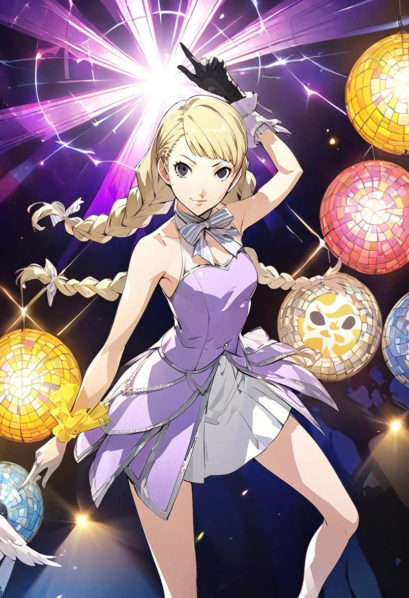 eautiful girl, long braids, light blonde hair, black eyes, teen, Persona5 character, Taiga Asaki ,masterpiece, meilleure qualité, pose dynamic, pretty, lavender color, side bangs, idol, character concept art, angelic, idol