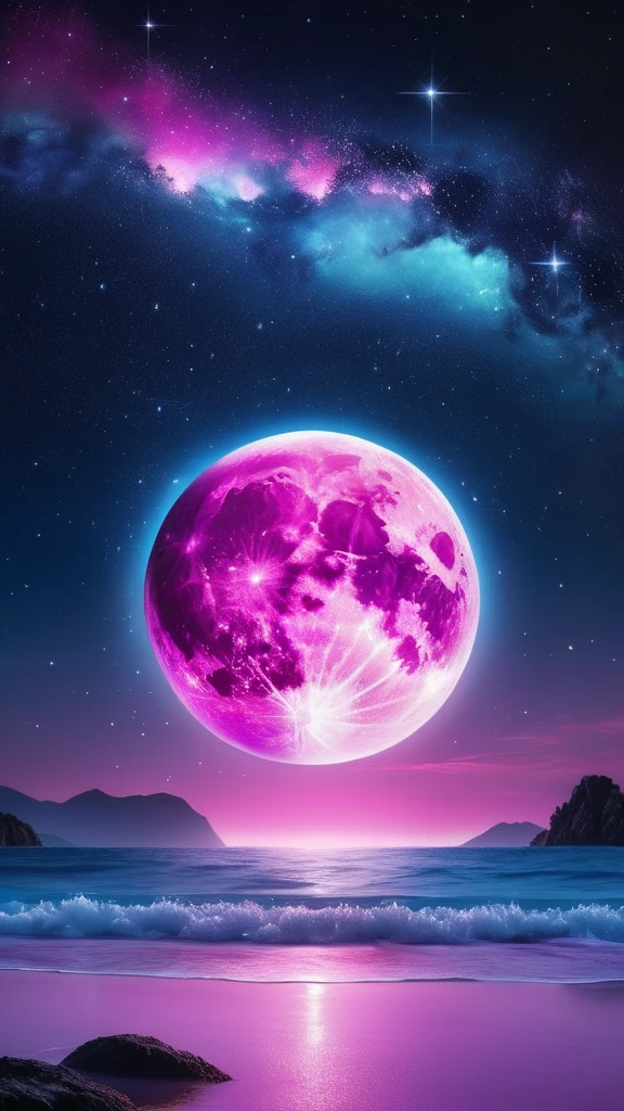 On a starry night with small clouds floating、Magenta and pink moon、Purple and sparkling light blue spheres reflecting light in the ocean。. A space of sparkling stars, It's a bright neon glow from outer space: Vibrant electric light blue expanse glowing sphere, Emerald green、Bright pink、Purple shines mysteriously against the dark background.. this concept art, Expressed as a digital painting, captures the essence of a lovley and opulent space scene showcasing complicated details and exquisite craftsmanship. Fascinating sparkling light, cleverly expressed, Create a sense of awe and wonder, Immerse your audience in the enchanting beauty of this otherworldly creation.macro photograph, Haute Couture, surreal, high quality, Super detailed, Professional Photograph, beautiful, Transparent photograph, Professional Movies, Professional Photograph, Super detailed, Ultra-realistic, cinematic, Sharp focus, Bright light, Detailed, complicated, absurdes, masterpiece. RAWphotograph, Edited by Photograph, Film stock photograph, photograph, Fujifilm Superior Premium 400, Nikon D850 Film stock photograph Kodak Portra 400 camera f1.6 Lenses, 8K, Ultra-high resolution