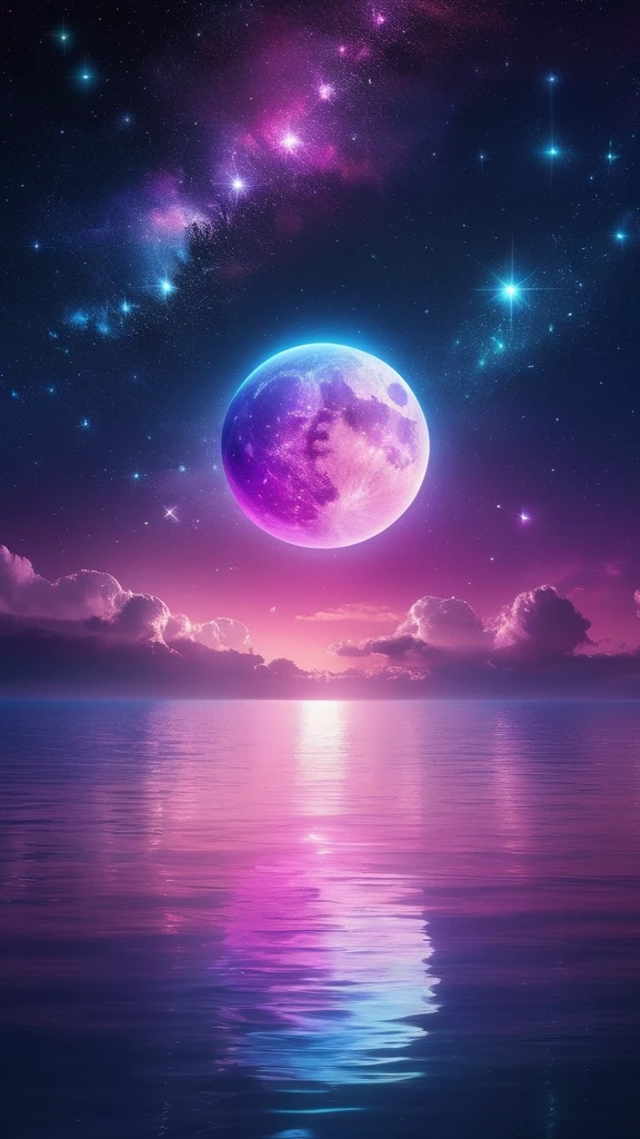 On a starry night with small clouds floating、Magenta and pink moon、Purple and sparkling light blue spheres reflecting light in the ocean。. A space of sparkling stars, It&#39;s a bright neon glow from outer space: Vibrant electric light blue expanse glowing sphere, Emerald green、Bright pink、Purple shines mysteriously against the dark background.. this concept art, Expressed as a digital painting, captures the essence of a lovley and opulent space scene showcasing complicated details and exquisite craftsmanship. Fascinating sparkling light, cleverly expressed, Create a sense of awe and wonder, Immerse your audience in the enchanting beauty of this otherworldly creation.macro photograph, Haute Couture, surreal, high quality, Super detailed, Professional Photograph, beautiful, Transparent photograph, Professional Movies, Professional Photograph, Super detailed, Ultra-realistic, cinematic, Sharp focus, Bright light, Detailed, complicated, absurdes, masterpiece. RAWphotograph, Edited by Photograph, Film stock photograph, photograph, Fujifilm Superior Premium 400, Nikon D850 Film stock photograph Kodak Portra 400 camera f1.6 Lenses, 8K, Ultra-high resolution