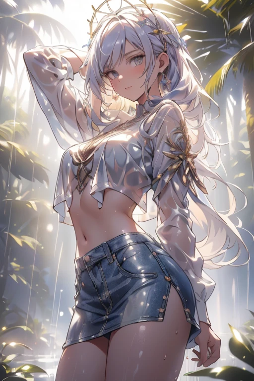 (((professional: Step by Step, taking into account even the smallest detail, God Level Final Result, full body with intricate details, only 1 girl, image: all the intricate details, Masterpiece))): "Quality 3, Wet anime, hyper details, Wet anime 17-years-old white woman with random colored hair Wet hair tied back with a red ribbon Her eyes are the same color as her wet hair, Delgado, clothing white crop top and denim miniskirt, A jungle background under a constant torrential rain that soaked them, Wet Back Posture, showing her beautiful body 92 59 90, flirty face, pedestal invisible,, Film grain, fuji colors, contrast of lights and shadows, textured skin, dynamic pose, realism, sunlight, High contrast, very sexy pose"