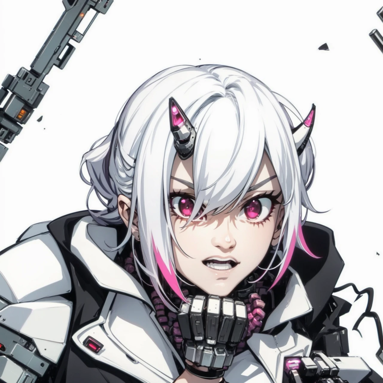 cyberpunk,white chin length hair,hair with magenta tips,red eyes,cyborg eyes,metalic parts,metal arms,strong and muscular,female,anime,mechanic