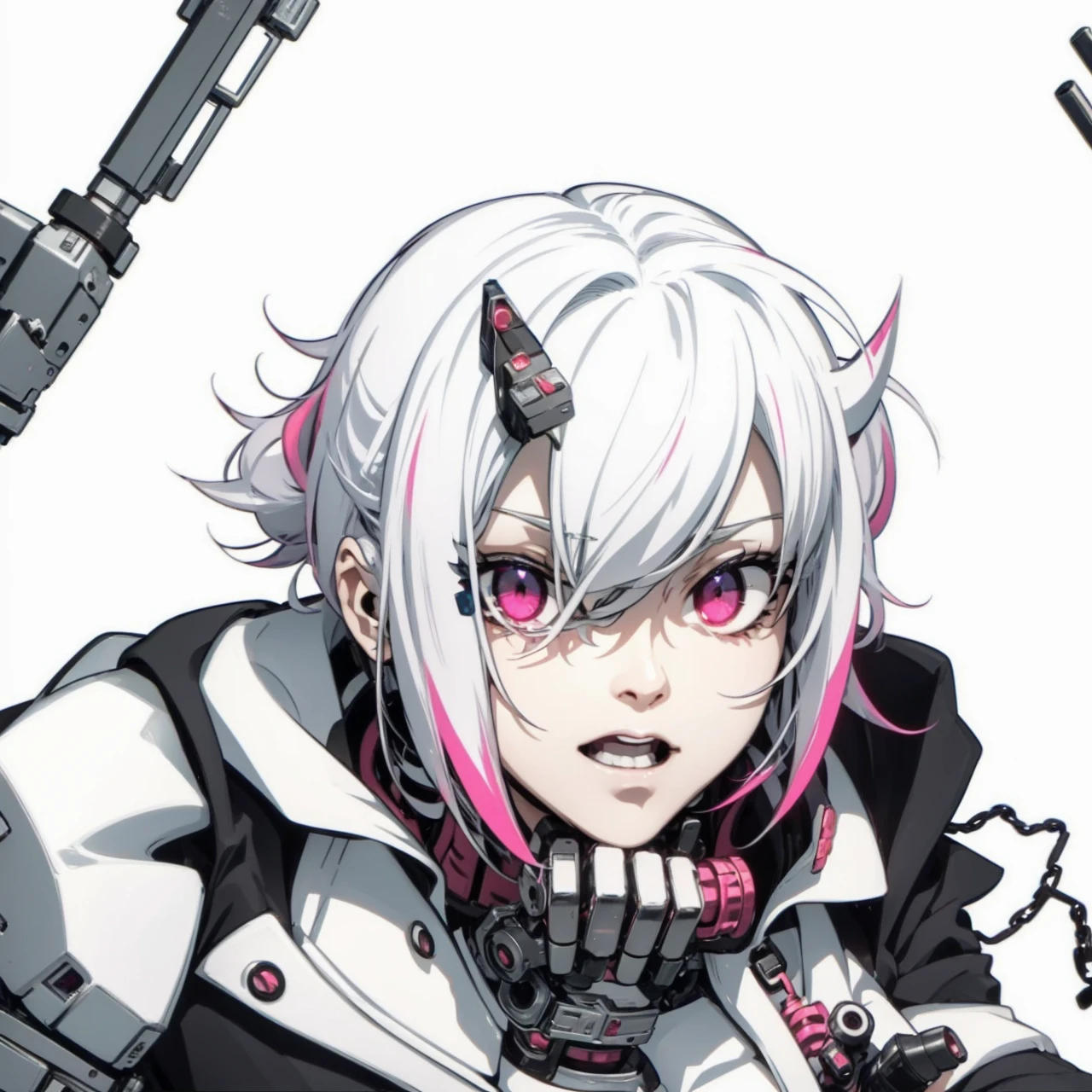 cyberpunk,white chin length hair,hair with magenta tips,red eyes,cyborg eyes,metalic parts,metal arms,strong and muscular,female,anime,mechanic 