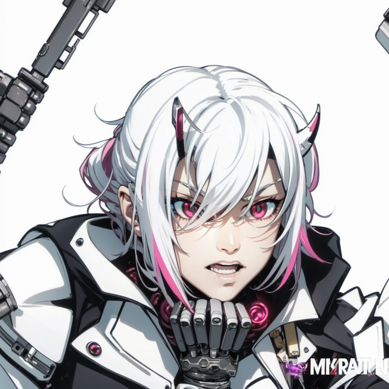 cyberpunk,white chin length hair,hair with magenta tips,red eyes,cyborg eyes,metalic parts,metal arms,strong and muscular,female,anime,mechanic 