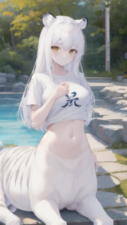 (best quality, masterpiece), 1 girl, centaur, It takes, White skin, Korean , exposing the abdomen,belly button t-shirt, 아름다운 소녀 perfect white tiger photo, perfect white tiger photo