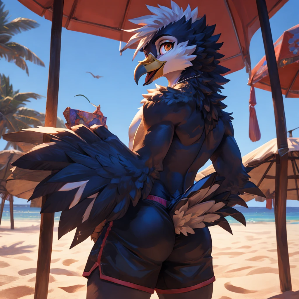 ,4k, 8k, raytracing, photorealistic, realistic, shaded, extreme detail quadruped, detail, detailed, extreme detail, 8k, real, realistic, crisp, sharp, high quality, shadows, raytracing, volumetric light, bloom by nurinaki, beach, (solo), girly, femboy, male, tail up, tailfeathers, feminine body, rear view, presenting butt, twink, thights, grabbing butt, spreading cheeks, surprised, horny, white eagle, avian, bird, orange beak, brown eyes, masterpiece, best quality, beautiful eyes, looking at viewer, swimtrunks, topless,