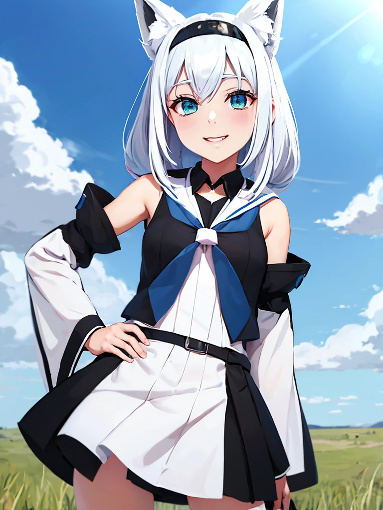 score_9, score_6_up, source_anime BREAK 1girl, solo, cowboy shot, grass, sky, clouds, fubuki_base, white blouse, detached sleeves, black shorts, blue neckerchief, thigh strap, single thighhigh, white hair, single side braid, ahoge, piercing, fox tail, fox shadow puppet, hand on hip, smile