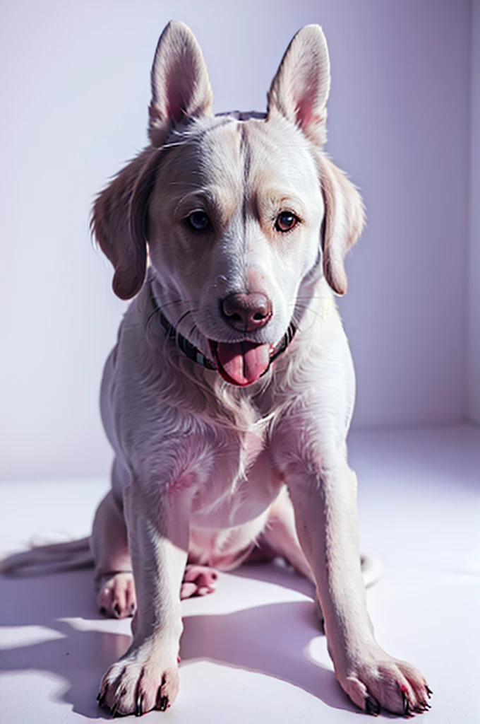 HAPPY DOG WITH TONGUE OUT OF MOUTH, WHITE DOG, FOR THE BEAUTIFUL, 4 k image, DESIGNER, DOG SITTING, I NEED TO SEE THE SIDE OF THE DOG, all-white background, White background, DOG SITTING DE LADO
