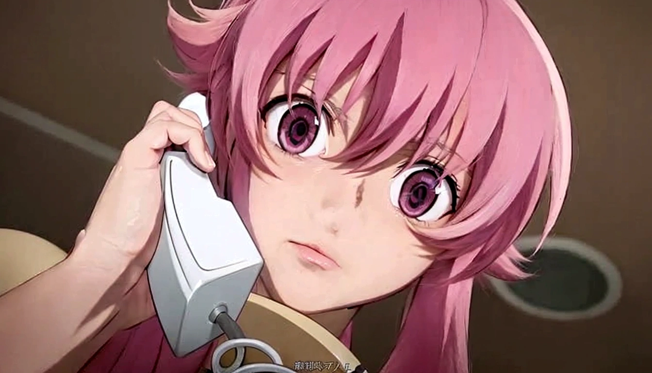 anime girl with pink hair talking on a desk phone, mirai nikki, anime girl named gasai yuno, hyperrealistic pink eyes, gasai yuno, mirai nikki, gasai yuno, gasai yuno, she has a cute expressive face, gasai yuno, screenshot from a 2012s anime, in the anime film, scene!!, shocking