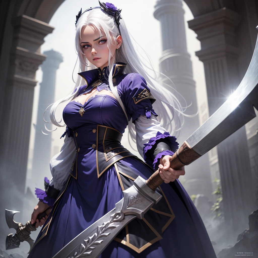 Best quality, A high resolution,A woman with white hair, sexy ,dark blue clothes, purple eyes, holding an axe, good resolution, photo quality, detailed photo, very good detailed, focused