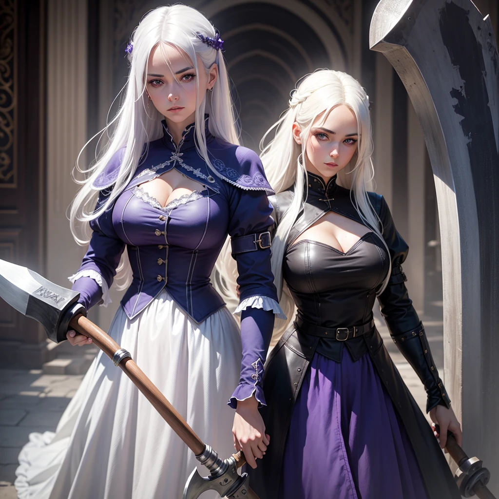 Best quality, A high resolution,A woman with white hair, sexy ,dark blue clothes, purple eyes, holding an axe, good resolution, photo quality, detailed photo, very good detailed, focused 