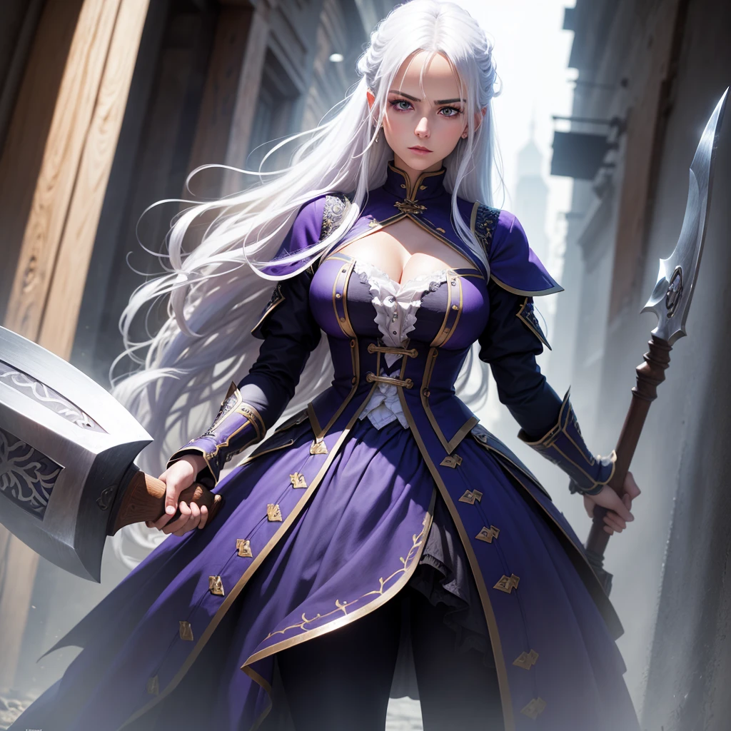 Best quality, A high resolution,A woman with white hair, sexy ,dark blue clothes, purple eyes, holding an axe, good resolution, photo quality, detailed photo, very good detailed, focused