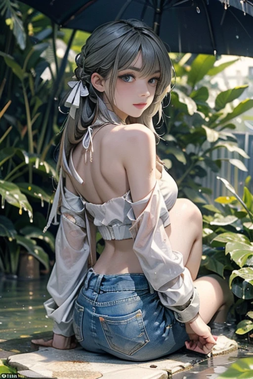 (((professional: Step by Step, taking into account even the smallest detail, God Level Final Result, full body with intricate details, only 1 girl, image: all the intricate details, Masterpiece))): "Quality 3, Wet anime, hyper details, Wet anime 17-years-old white woman with random colored hair Wet hair tied back with a red ribbon Her eyes are the same color as her wet hair, Delgado, clothing white crop top and denim miniskirt, A jungle background under a constant torrential rain that soaked them, Wet Back Posture, showing her beautiful body 92 59 90, flirty face, pedestal invisible,, Film grain, fuji colors, contrast of lights and shadows, textured skin, dynamic pose, realism, sunlight, High contrast, very sexy pose"