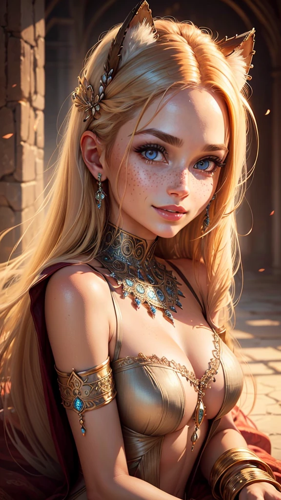 close-up of a beautiful female face, gorgeous eyes, intricate, neckleace, soft lips, smiling, naughty, seducing gaze, freckles, tails, jewerly