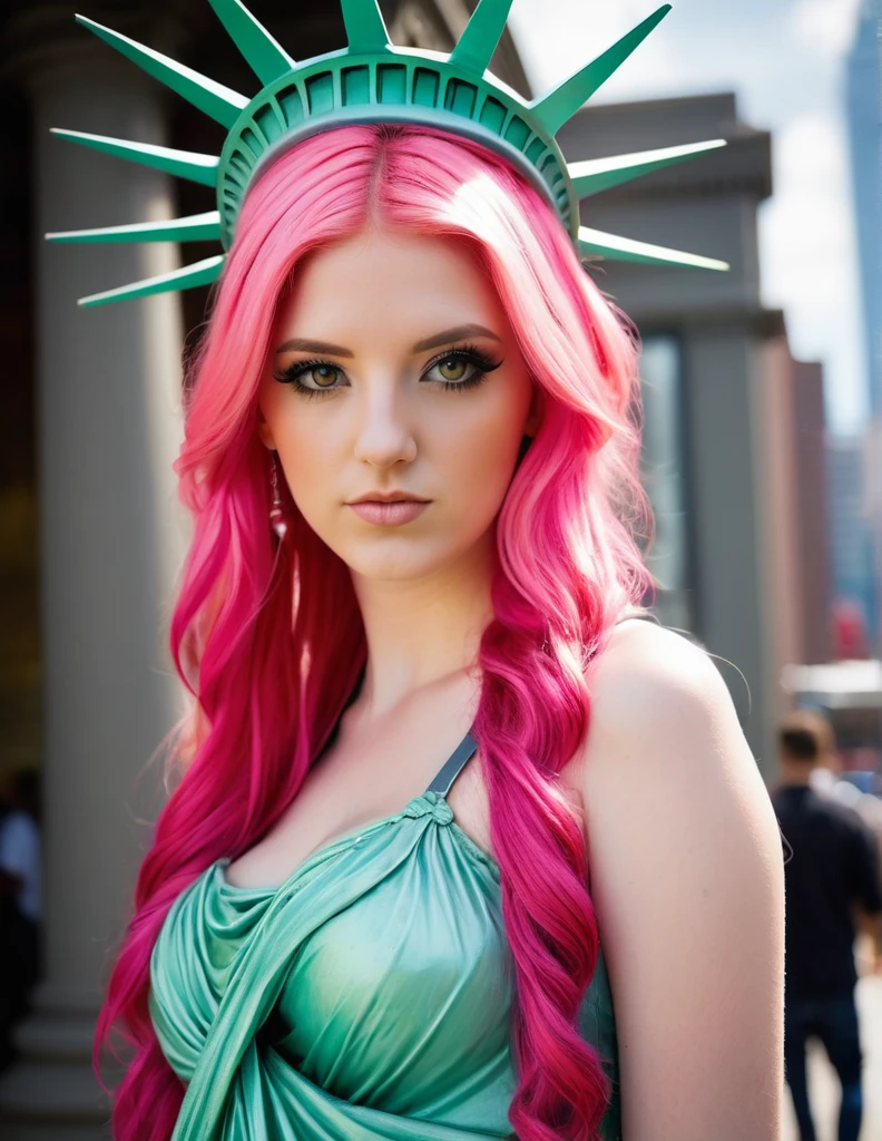 very attractive 25 year old girl with long bright pink hair, dressed as Statue of Liberty