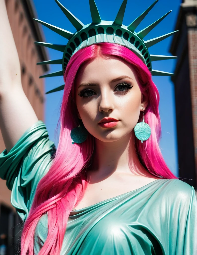 very attractive 25 year old girl with long bright pink hair, dressed as Statue of Liberty