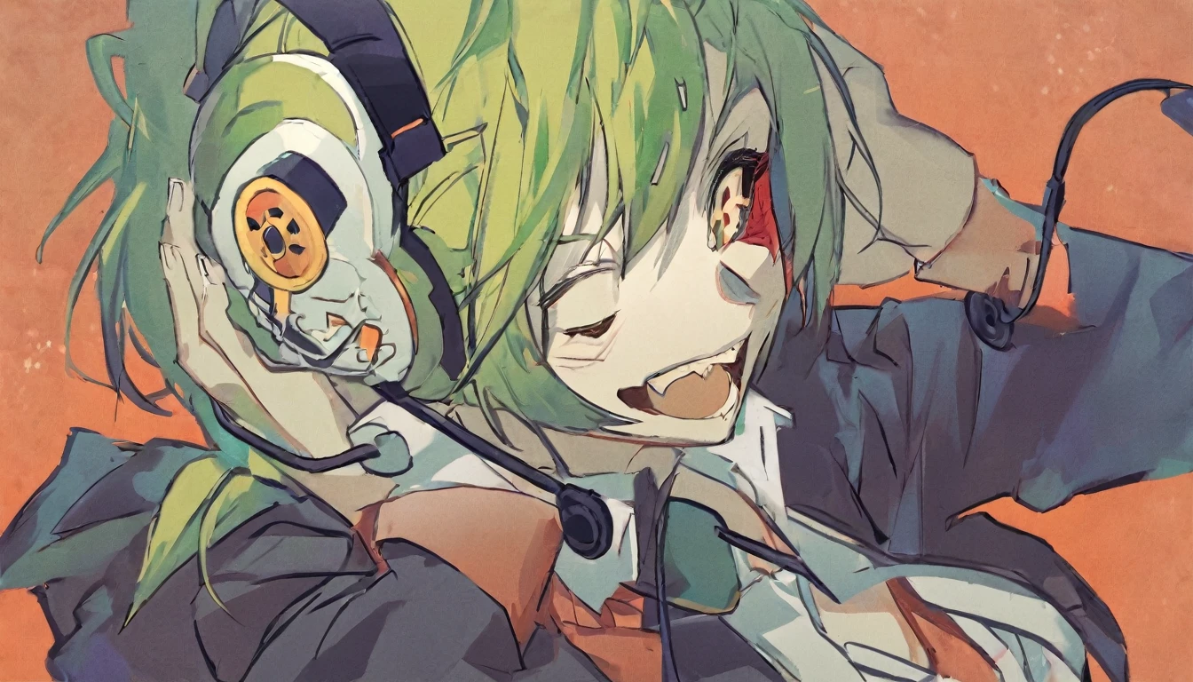 A zombie happily listening to music with headphones