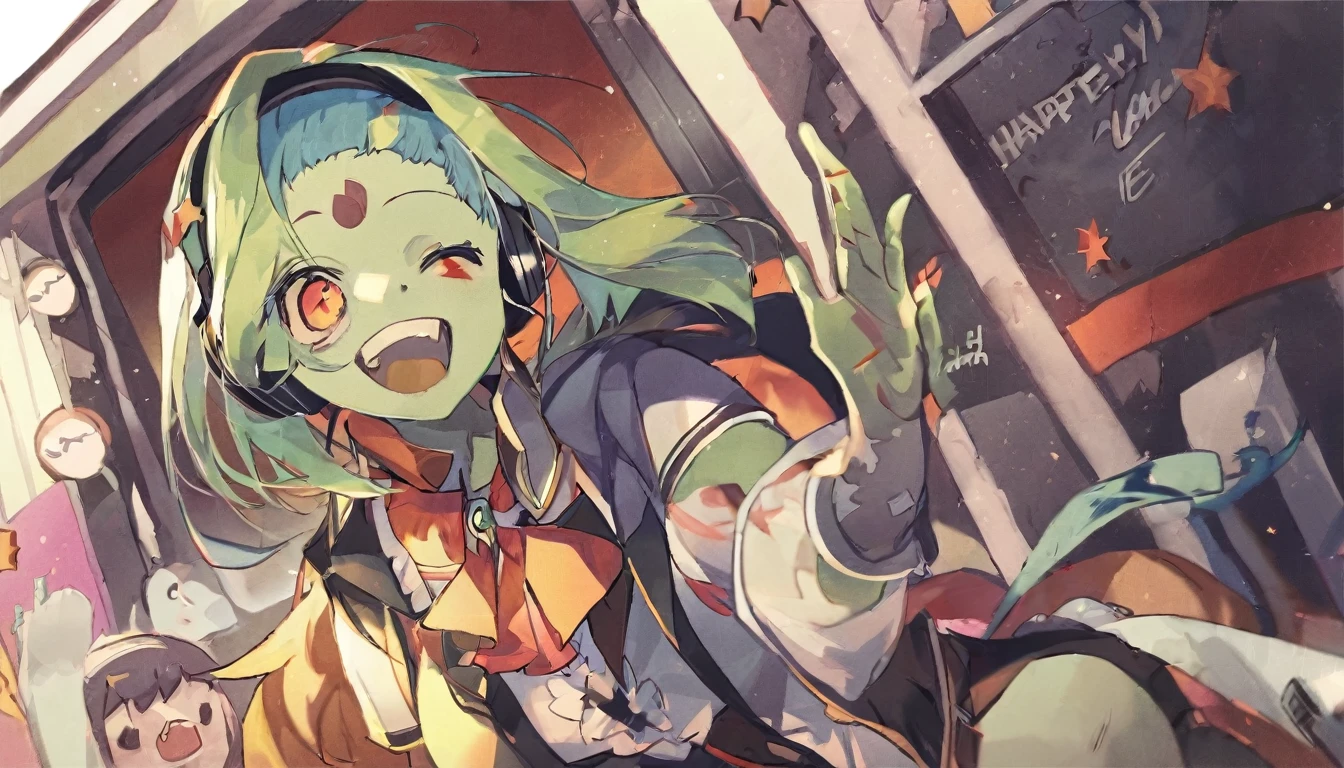 A zombie happily listening to music with headphones