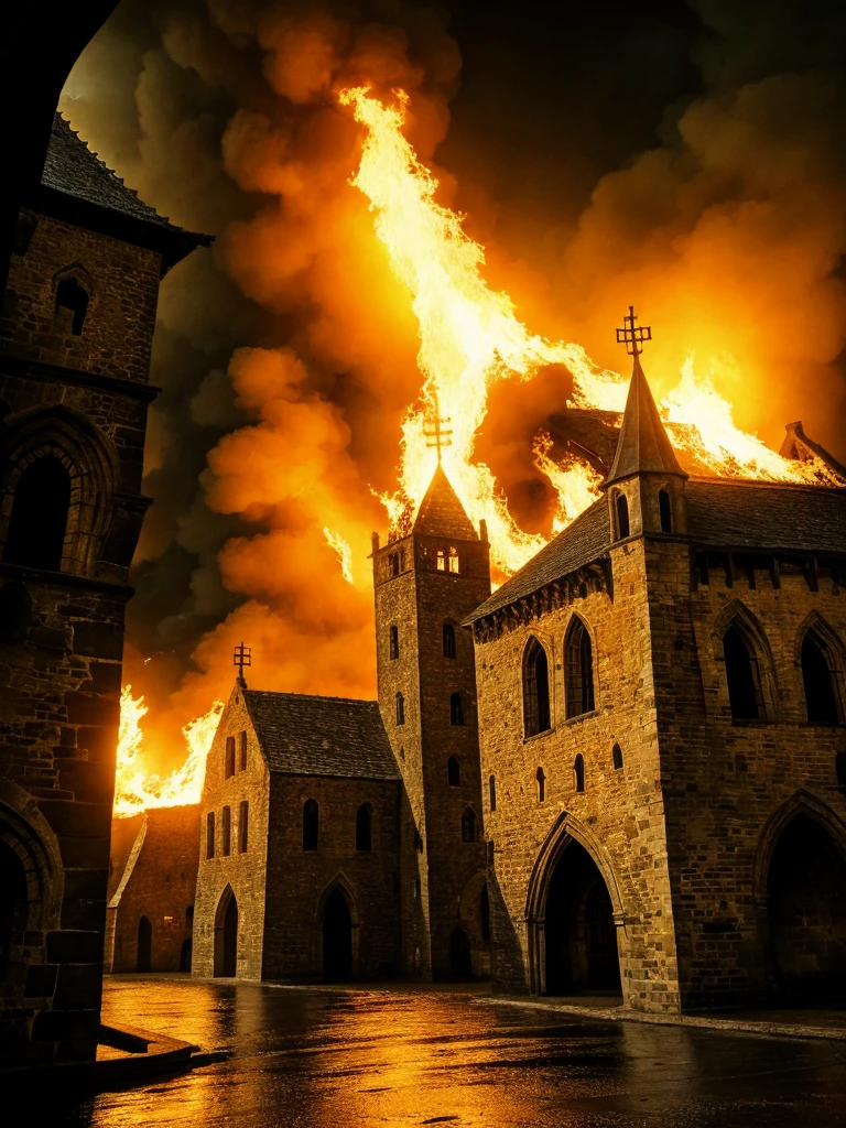 a medieval place on fire
