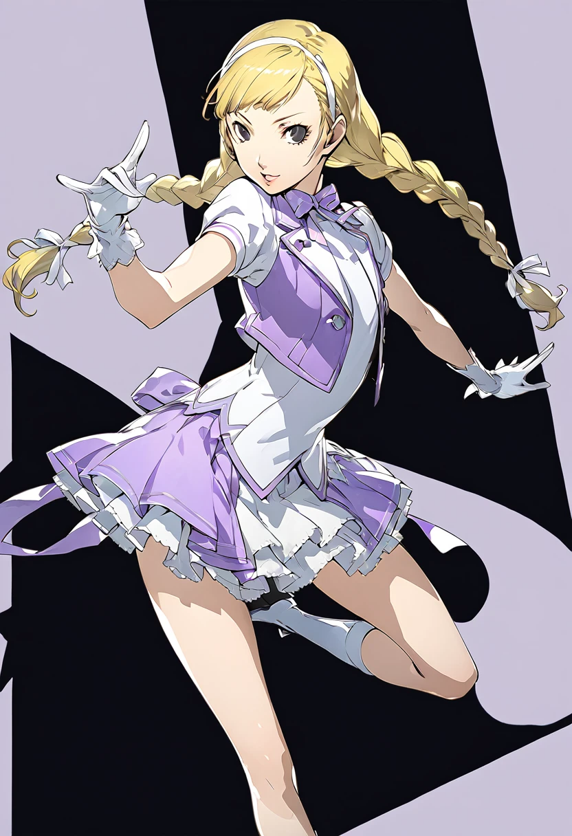 beautiful girl, long braids, light blonde hair, black eyes, teen, Persona5 character, Taiga Asaki ,masterpiece, meilleure qualité, pose dynamic, pretty, lavender color, side bangs, idol, character concept art, angelic, idol, 1girl, simple background